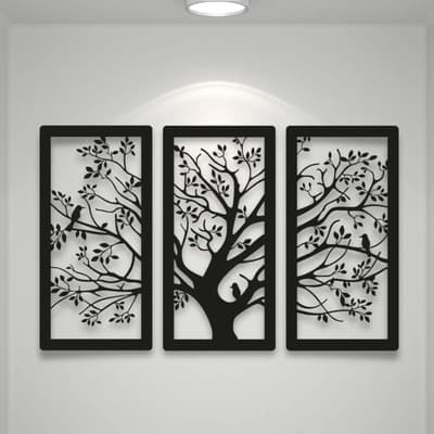 Fierro 100% Argento Set De 3 Cuadros Calados Naturaleza Arbol En Madera Mdf Negro