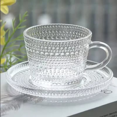 Generic Set Vajilla X 6 Taza + Plato Café Vidrio Labrado Vintage Transparente Tornasol