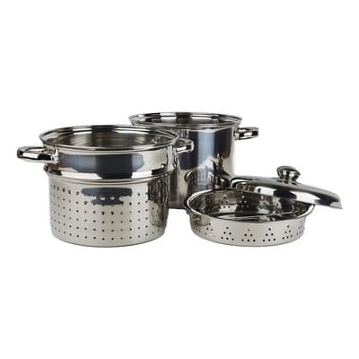 Marem Olla Pastera Triple Fondo 24 Cm Colador Vaporiera Tapa Color Plateado