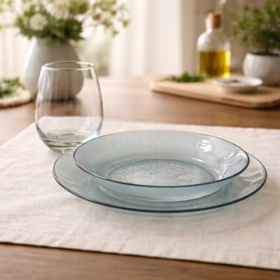 4khome Combo 6 Personas Platos Playos + Hondos + Modelo Vaso Transparente Copon Gourmet