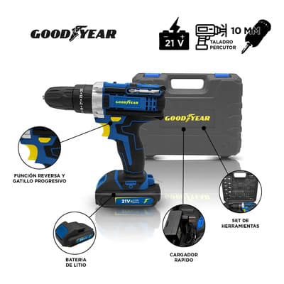 Goodyear Taladro Percutor Inalambrico C/ Maletin Goodyear 21v 10mm + 1 Bateria Li-ion 1.5ah + Accesorios Azul