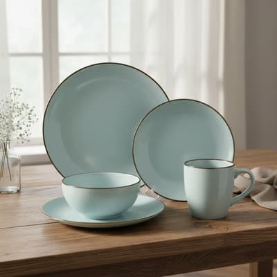 Gb Green Bazar Set Vajilla 16 Piezas Platos Bowls Porcelana Taza Celeste Celeste Lisa