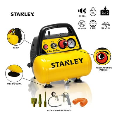 Stanley Compresor De Aire Stanley 6 Lts 1.5 Hp + Kit 6 Piezas