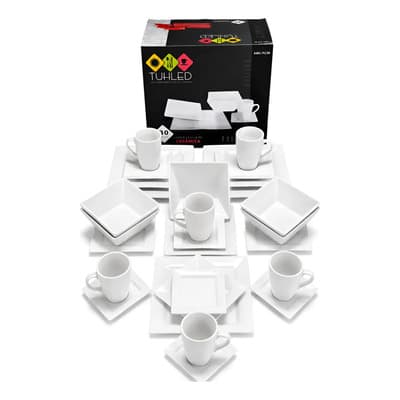 Tuhled Set De Vajilla Ceramica Cuadrada 30 Piezas Elegante Premium Blanco Lisa