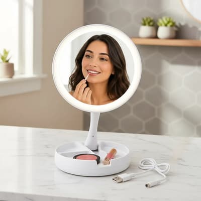 Impotecno Espejo De Maquillaje Redondo Doble Cara 10x Luz Led 10x Usb Blanco