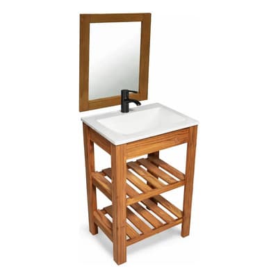Diaz Home Combo Vanitory 50cm Nordico + Espejo + Griferia Calidad Moda Marrón Blanco Con Griferia Negra Un Agu