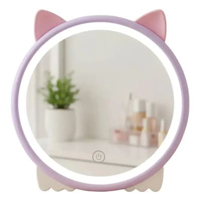 Burdah Espejo De Maquillaje Pie Luz Led Gatito Niñas Lila