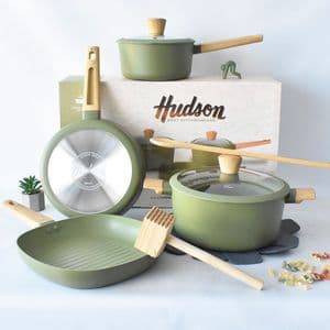 Hudson Set Cacerola N°24 - N°18 con Mango, Sartén N°24 + Bifera N°26 Antiadherente Hudson Olive