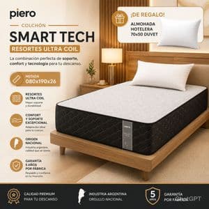 Piero Colchón Piero Smart Tech Resortes 080x190 1plaza + almohadas de regalo