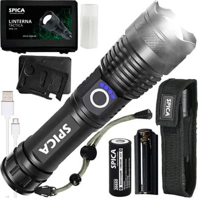Spica Linterna Táctica Spica X90 Led De 1000 Lm Recargable Con Zoom Y 5 Modos De Luz Blanco Negro