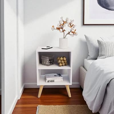 Mobilarg Mesa De Luz Con Patas 2 Estantes Moderna Dormitorio Mate Blanco/natural