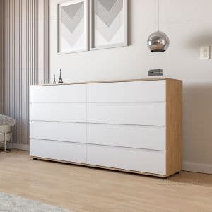 Ciudad Muebles Cómoda cajonera de dormitorio 8 cajones 180x92cm - Color Madera Natural frente Blanco