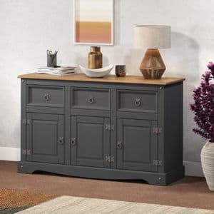 Indupel VAJILLERO MADERA MACIZA PINO ENCERADO GRIS OSCURO 3 CAJONES 3 PUERTAS 76cmx125cmx40cm.